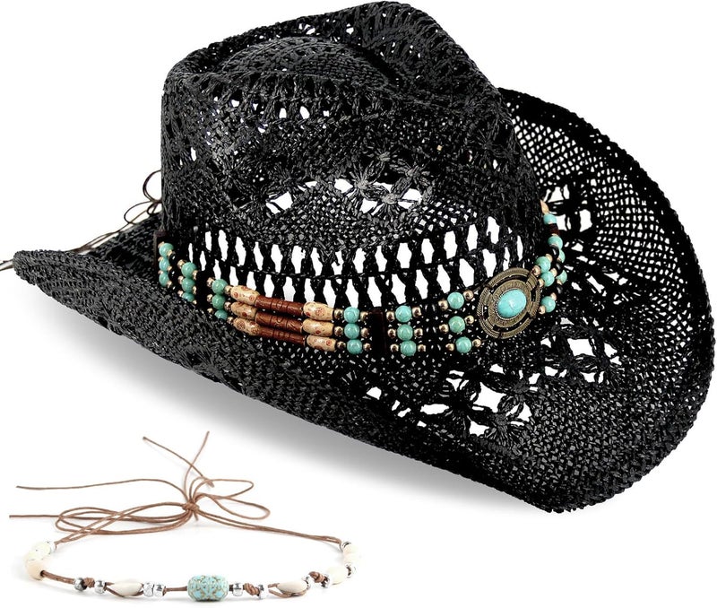 Foeran Men's Women's Straw Cowboy Hat Cowgirl Woven Sun Hat Western Cowboy Hat Two Decorative Bands - Image 1